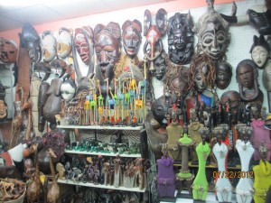 Masks and carvings in a local market for tourists